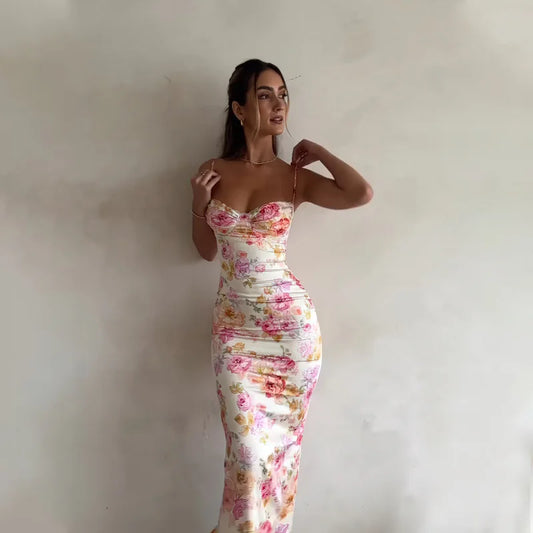 Floral Suspender Split Slim Sleeveless Dress