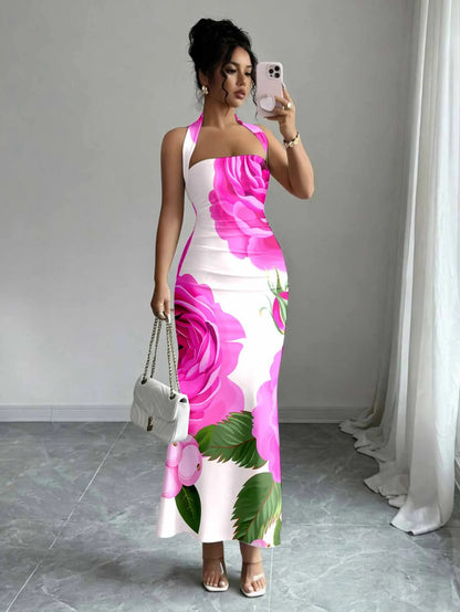 Hip-Hugging Sleeveless Long Skirt Hanging Neck Design And Collar