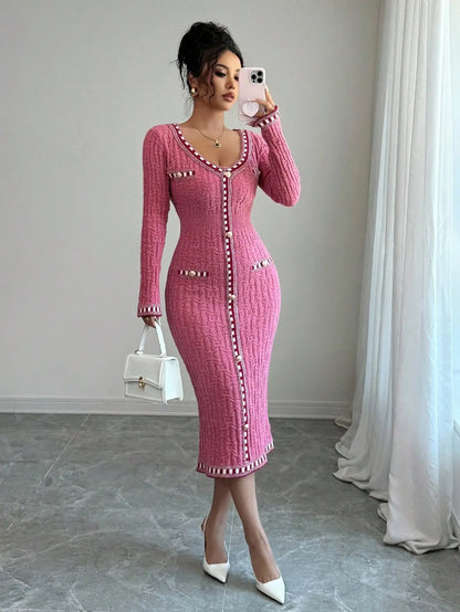 Long Sleeve Button-Up Dress with Pearl Trim