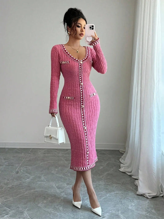 Long Sleeve Button-Up Dress with Pearl Trim