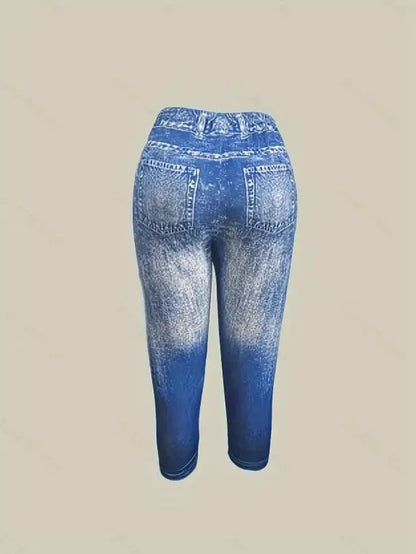 Elegant Floral Print Faux Denim Leggings,