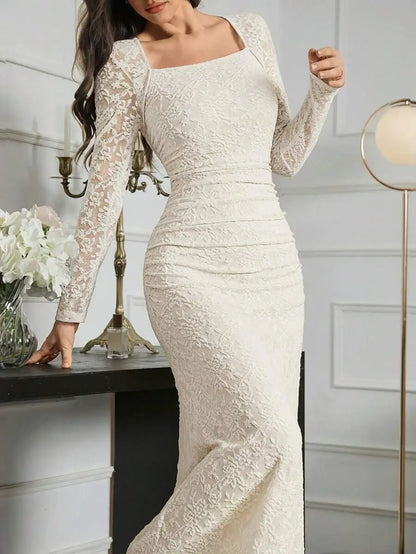Elegant Ivory Lace Long Sleeve Dress