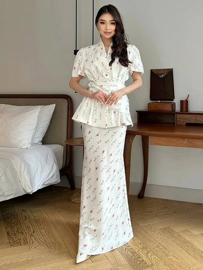 Floral Printed Blazer Shirt Maxi Skirt 2 Piece