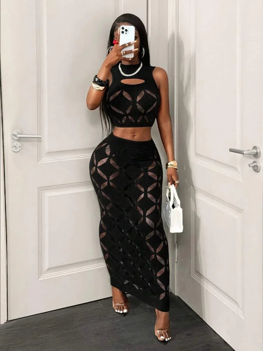 2PCS See-Through Mesh Hollow Out Crop Tank & High Waist