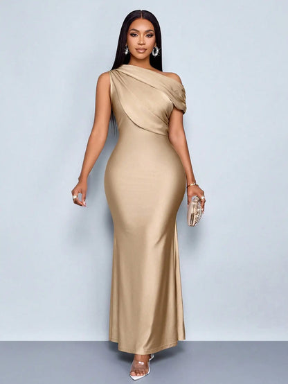 Elegant Satin One-Shoulder Fishtail Maxi Dress