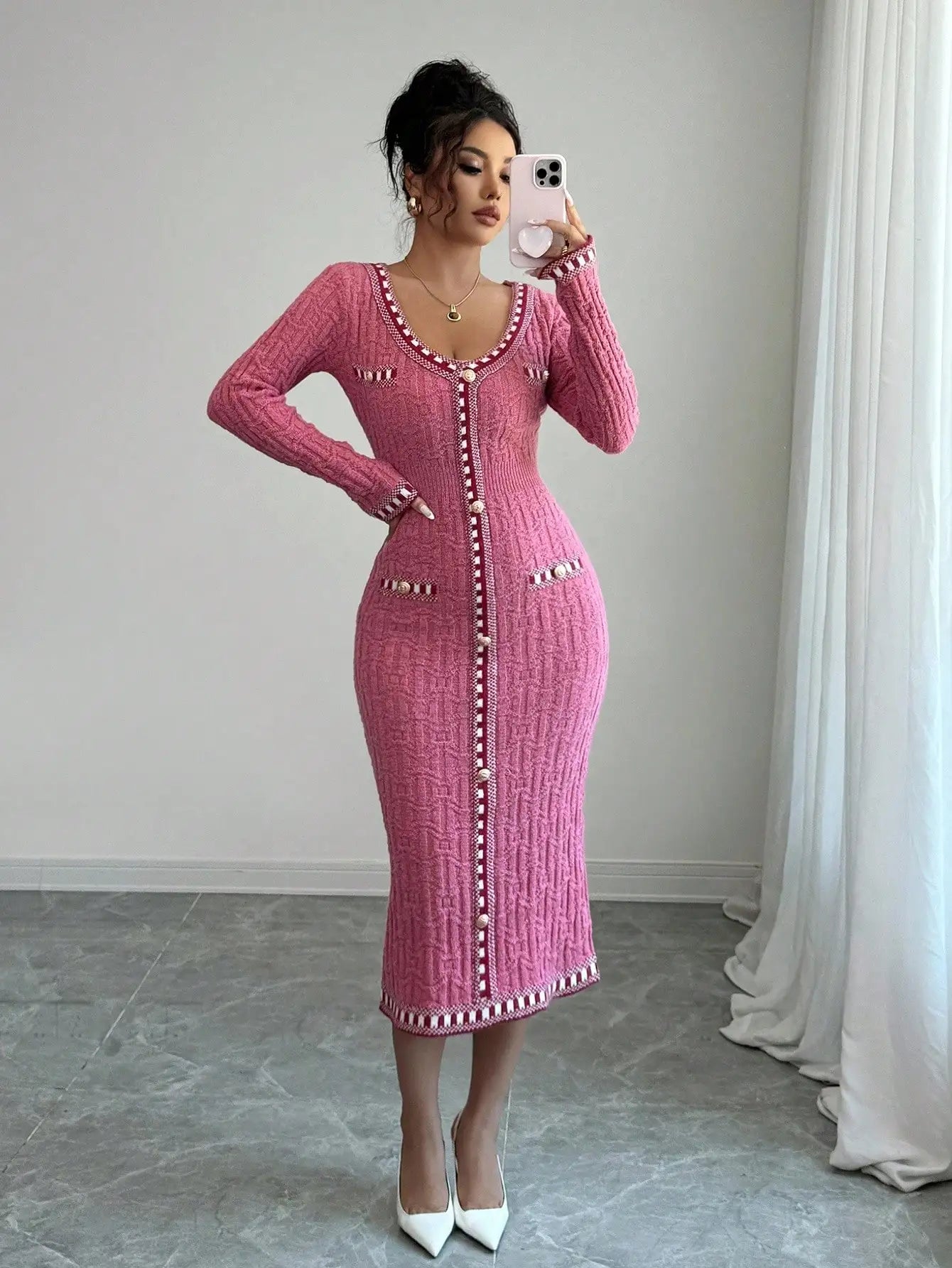 Long Sleeve Button-Up Dress with Pearl Trim