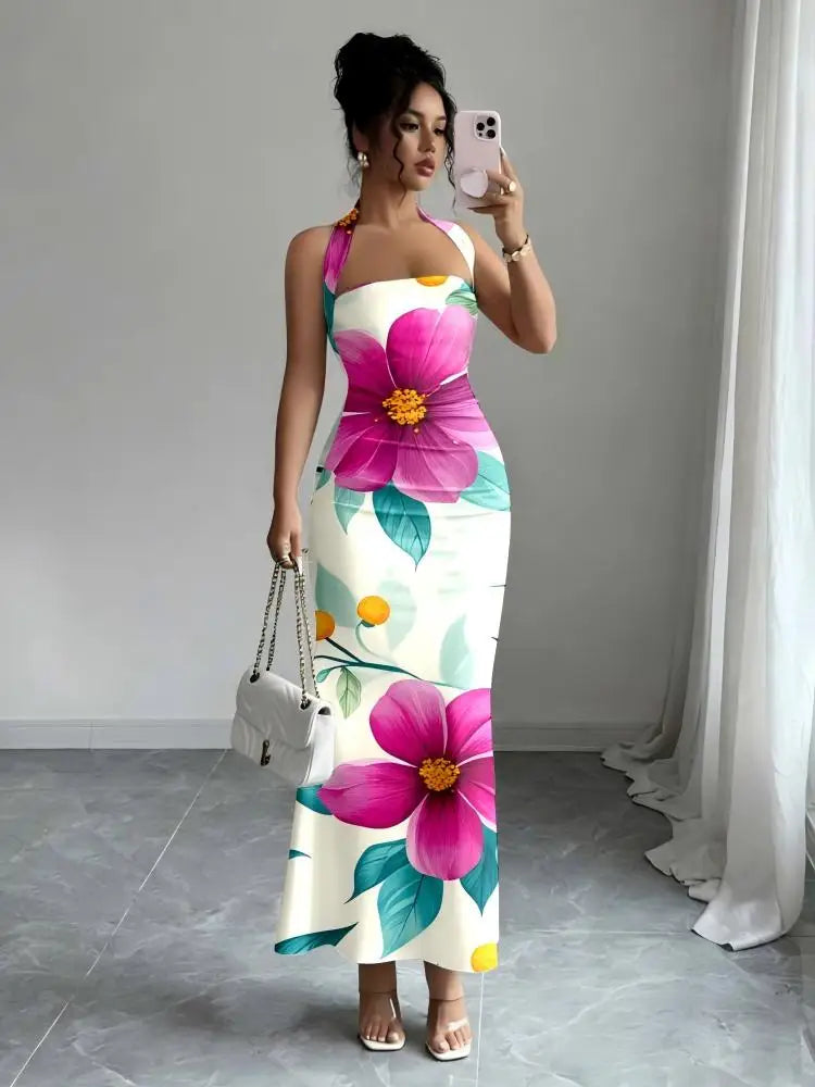 Hip-Hugging Sleeveless Long Skirt Hanging Neck Design And Collar