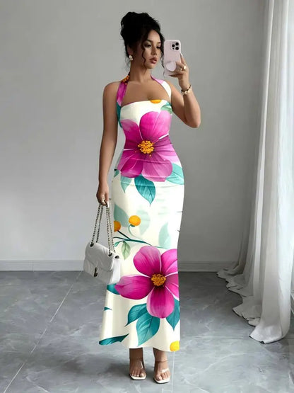 Hip-Hugging Sleeveless Long Skirt Hanging Neck Design And Collar