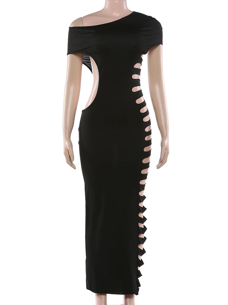 Sexy Hollow Design Skew Collar Maxi Dress