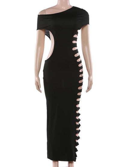 Sexy Hollow Design Skew Collar Maxi Dress