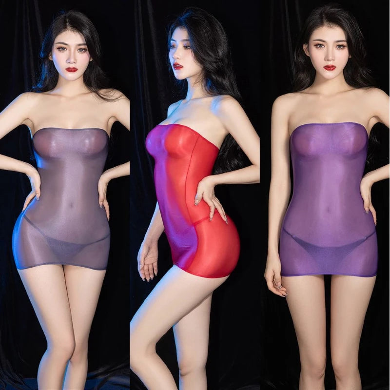 Sexy Oil Glossy Shin Sheer Micro Mini Dress