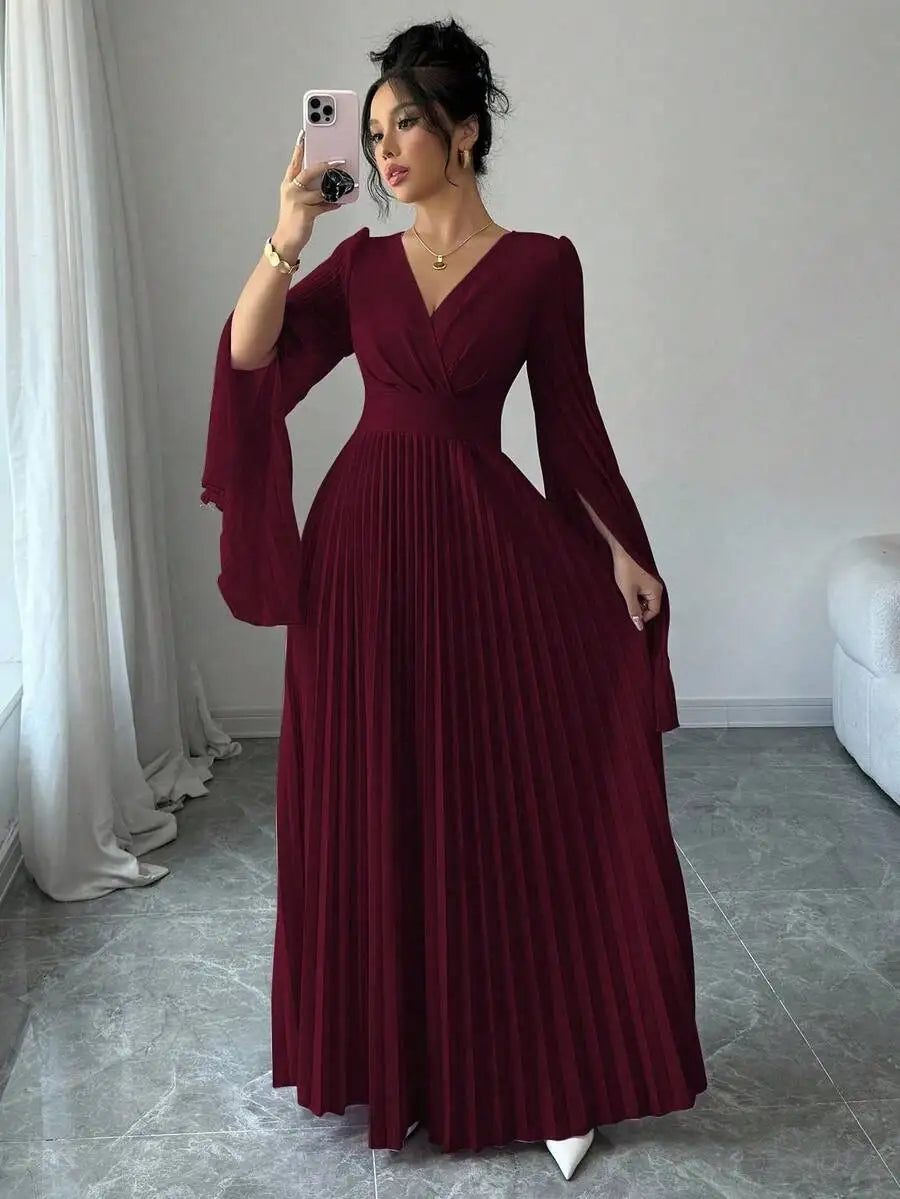 V-Neck Pleated Maxi Dress