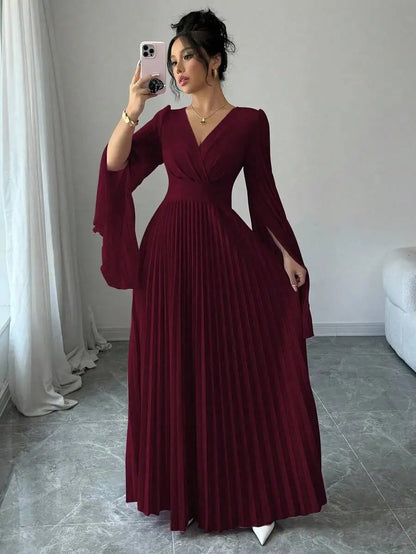 V-Neck Pleated Maxi Dress