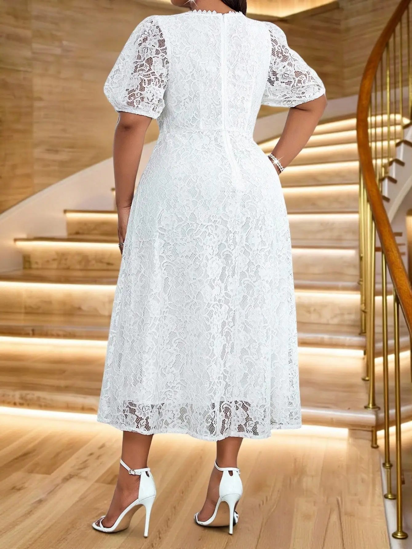 White Lace Midi Dress with Puff Sleeves and Belt