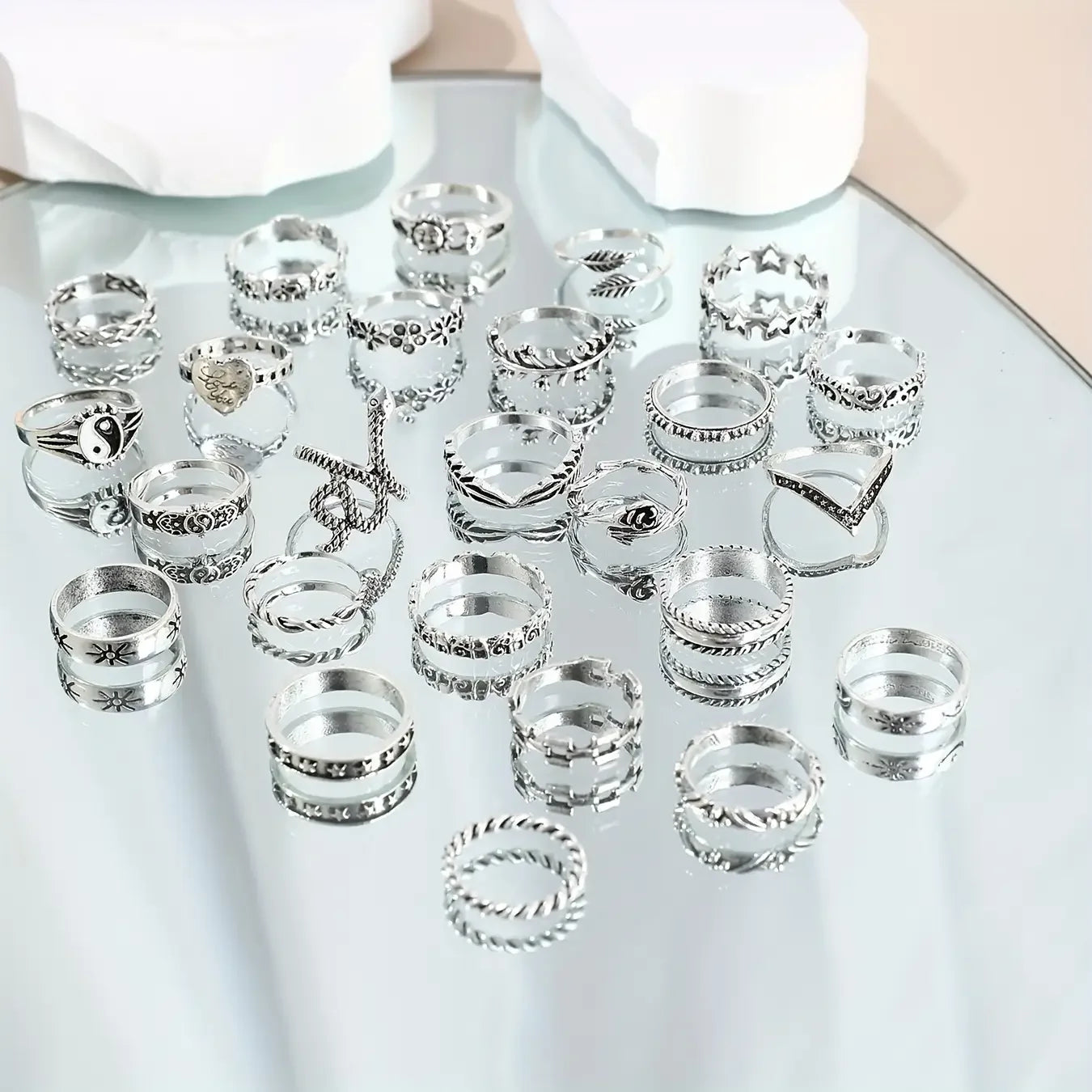 Bohemian Stacking Rings Set 25Pcs Silver Tone