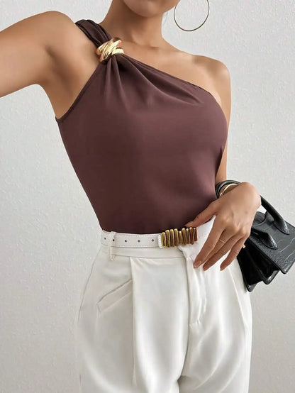 Women's One Shoulder Blouse Gold Accent Buckle,