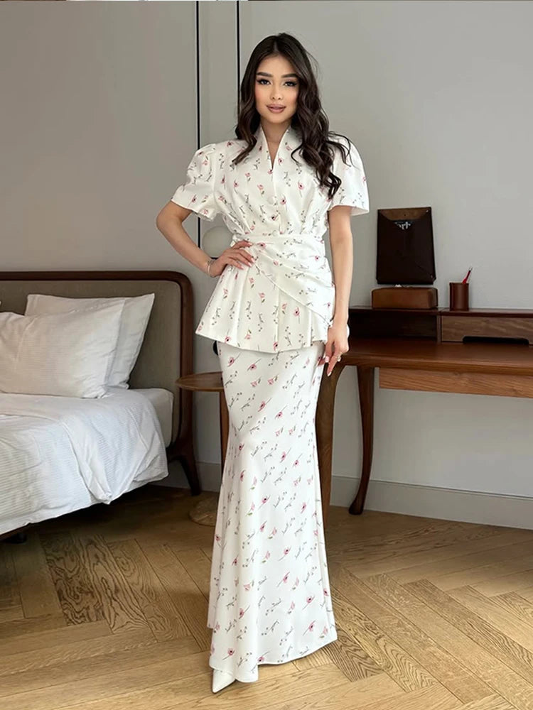 Floral Printed Blazer Shirt Maxi Skirt 2 Piece