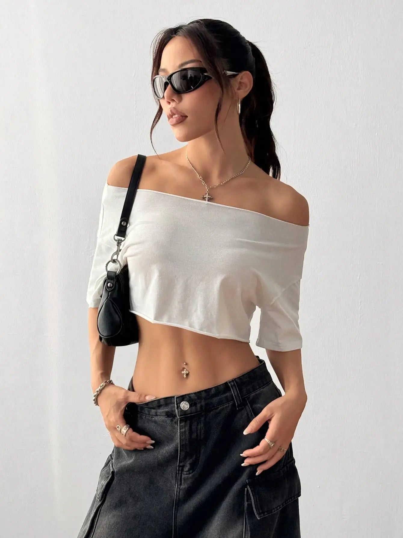 White Asymmetrical Off-Shoulder Crop Top,