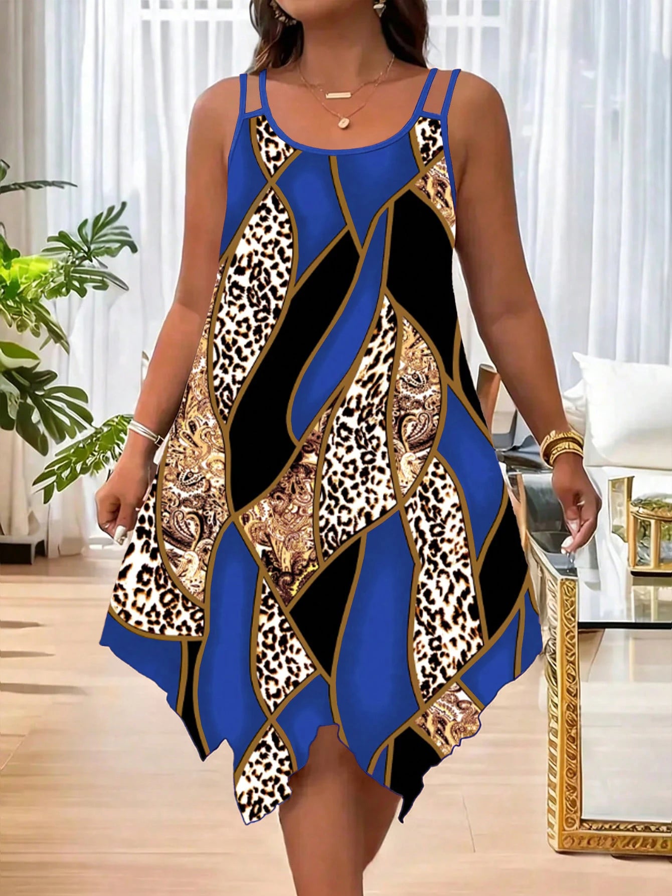 Asymmetrical geometric stripes printed double strap dress