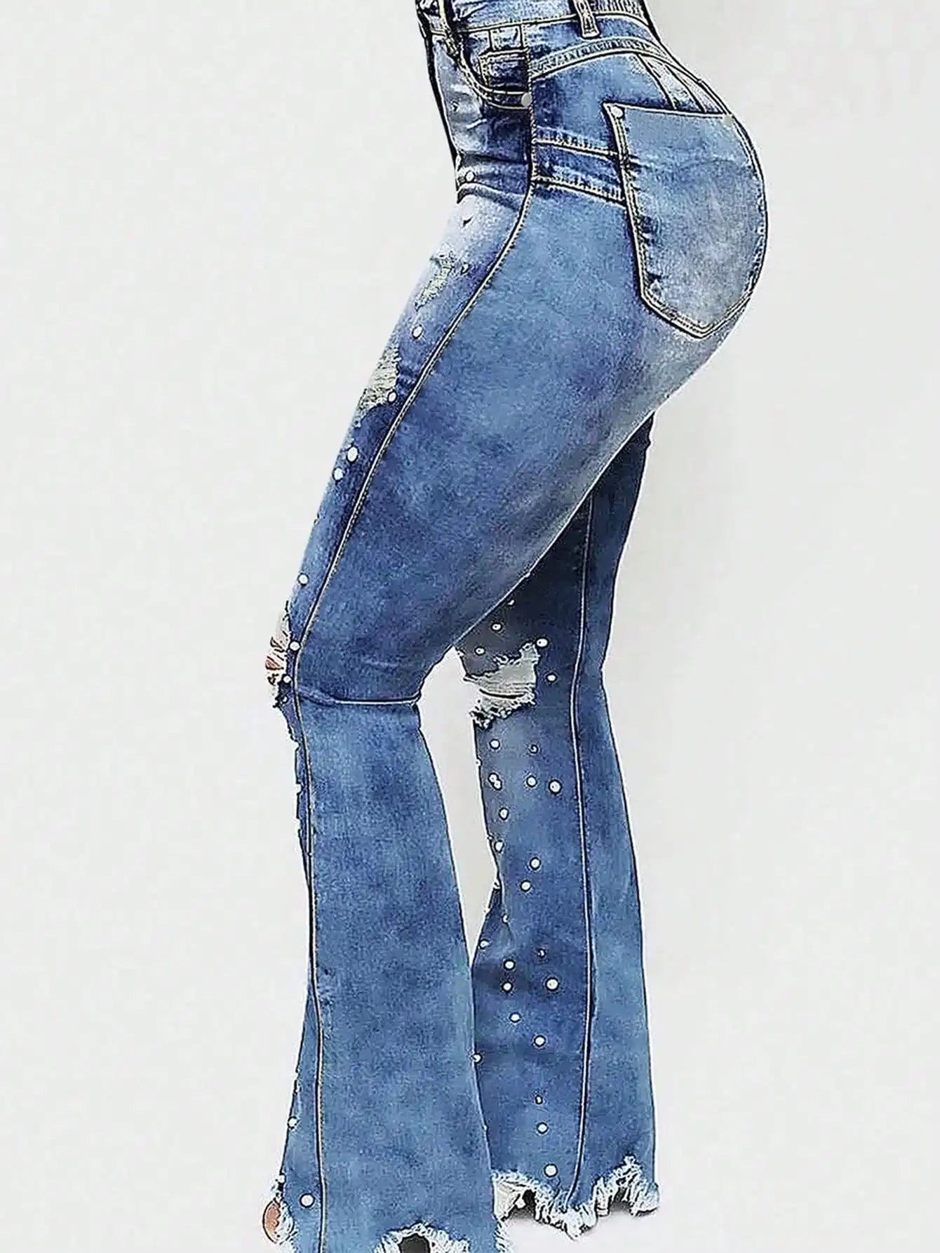 High Waisted Ripped Flared Jeans