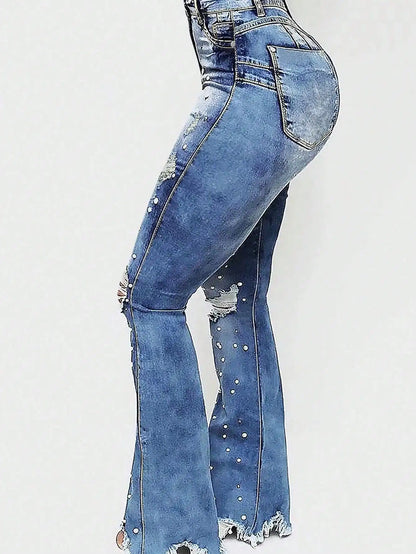 High Waisted Ripped Flared Jeans
