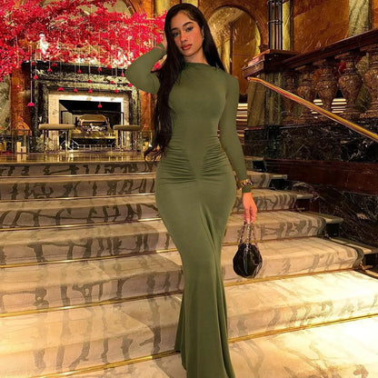 Long Sleeve Draped Sexy Bodycon Maxi Dress