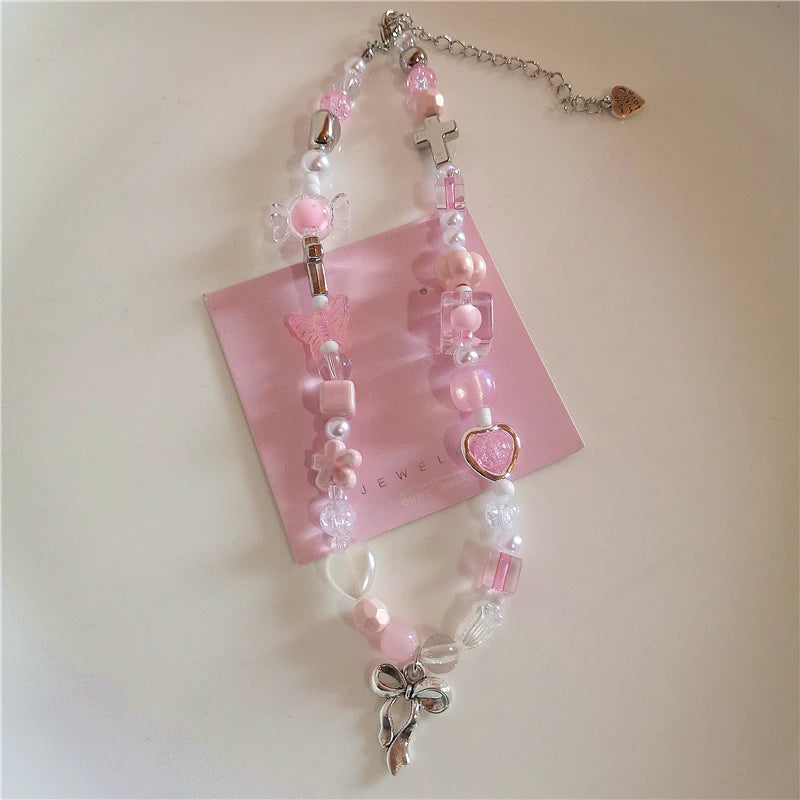 Bowknot Heart Pendant Beaded Pearl Chain Necklace