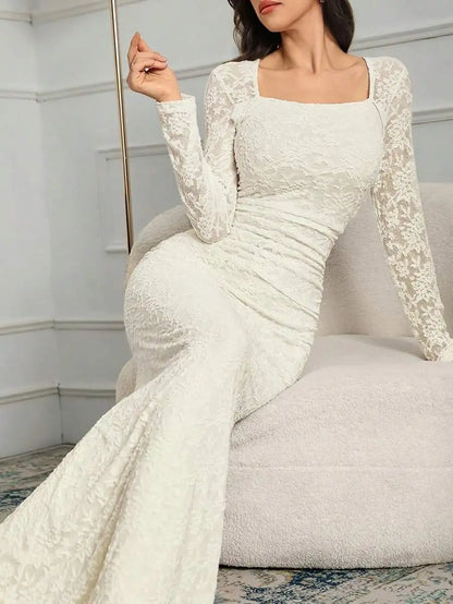 Elegant Ivory Lace Long Sleeve Dress