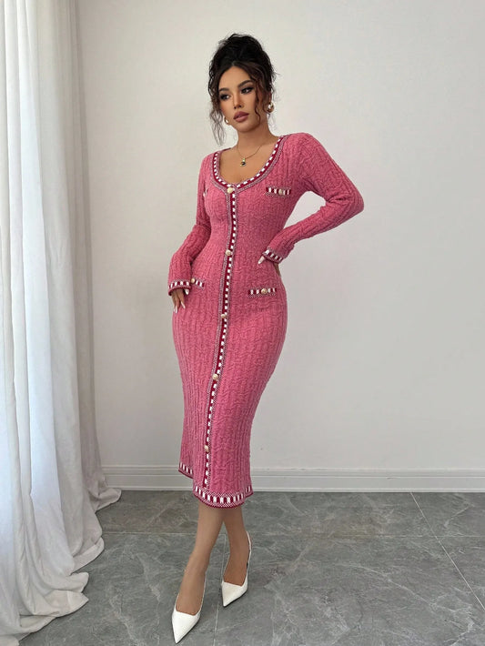 Long Sleeve Button-Up Dress with Pearl Trim