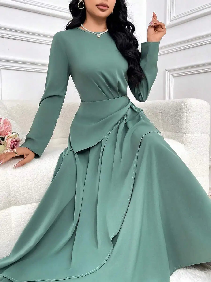 Sage Green Round Neck Long Sleeve Dress