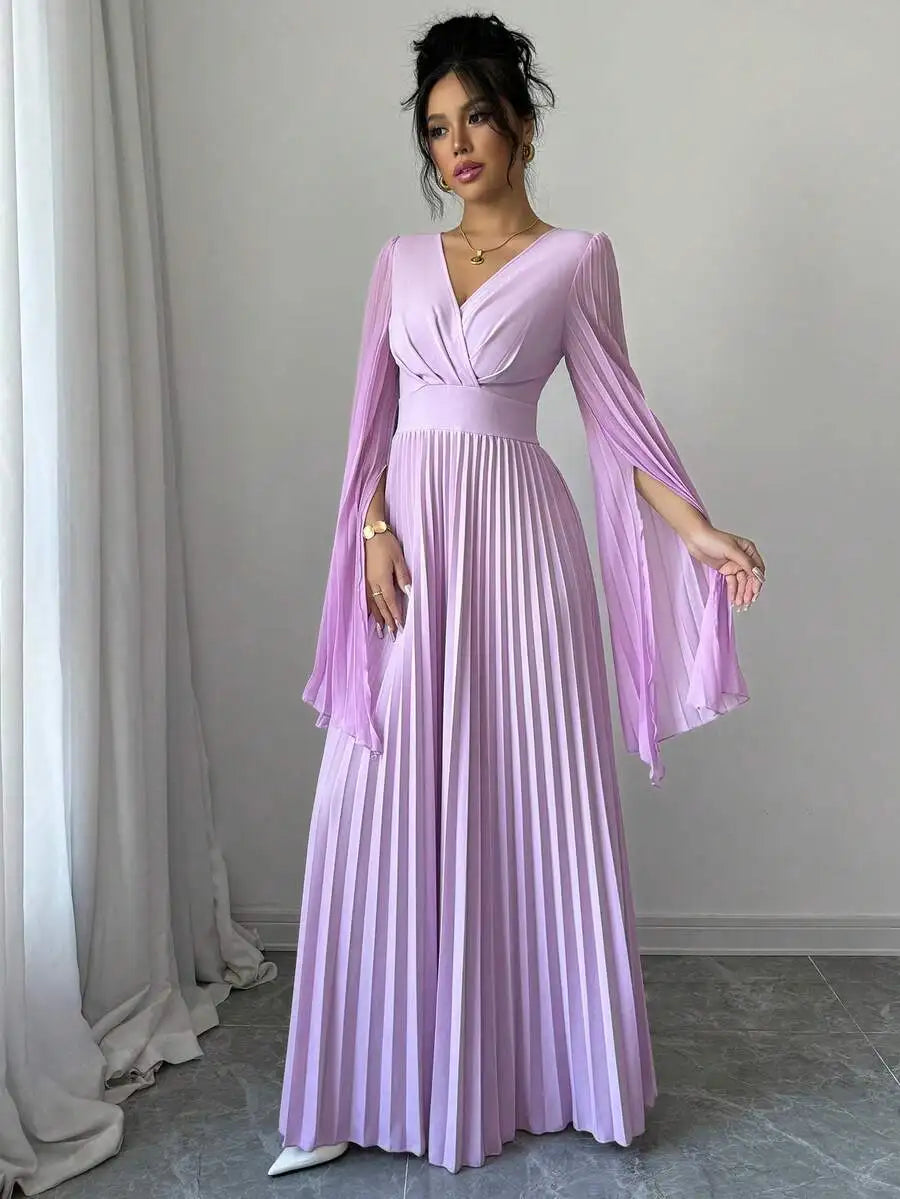 V-Neck Pleated Maxi Dress