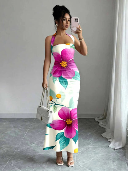 Hip-Hugging Sleeveless Long Skirt Hanging Neck Design And Collar