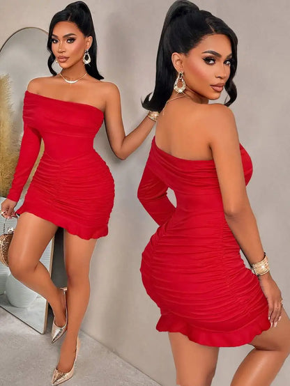 Royal Velvet Off-Shoulder Long Sleeve Mini Dress