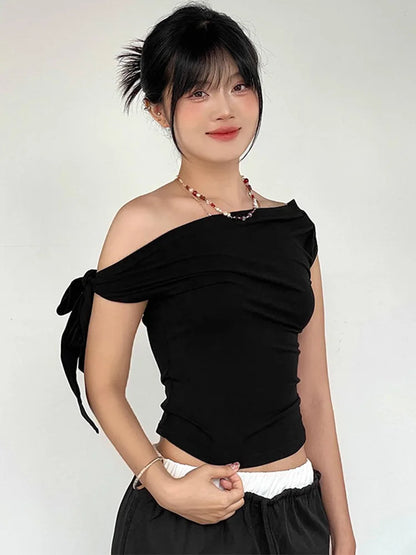 Shrink Pleated One-Shoulder Crop Top