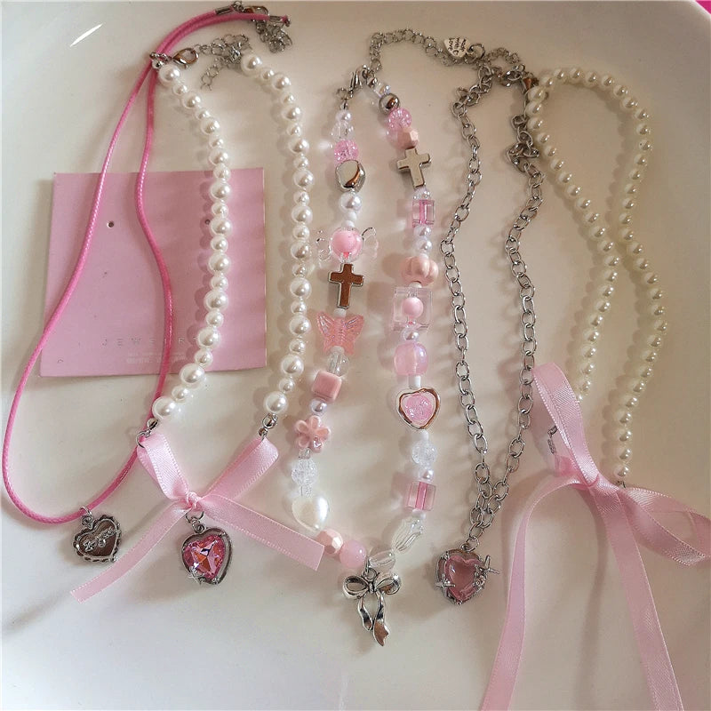 Bowknot Heart Pendant Beaded Pearl Chain Necklace