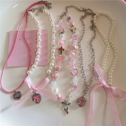 Bowknot Heart Pendant Beaded Pearl Chain Necklace