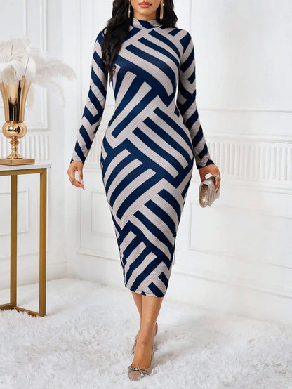 Geometric Print High-Neck Long Sleeve Dress