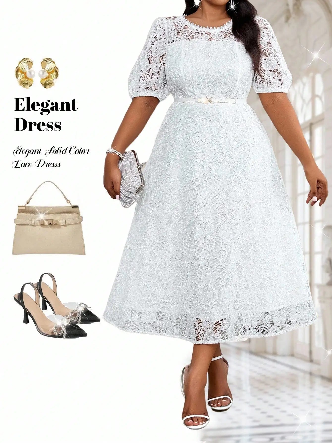 White Lace Midi Dress with Puff Sleeves and Belt