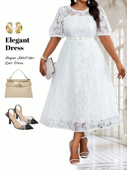 White Lace Midi Dress with Puff Sleeves and Belt