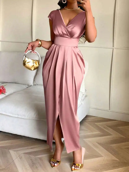 Elegant Black Satin V-Neck Wrap Dress
