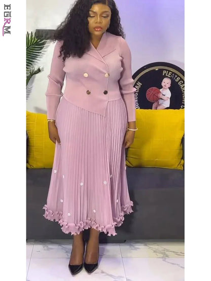 Pleated Long Dress Double Breasted