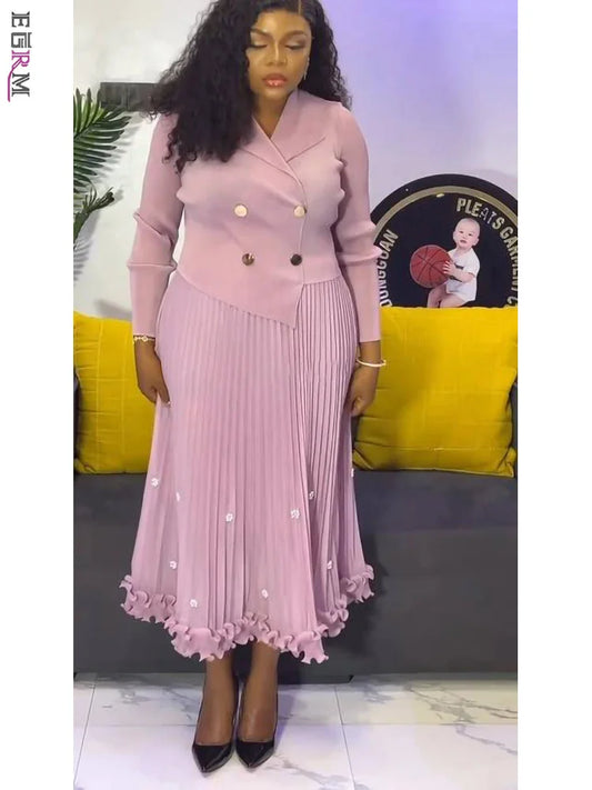 Pleated Long Dress Double Breasted
