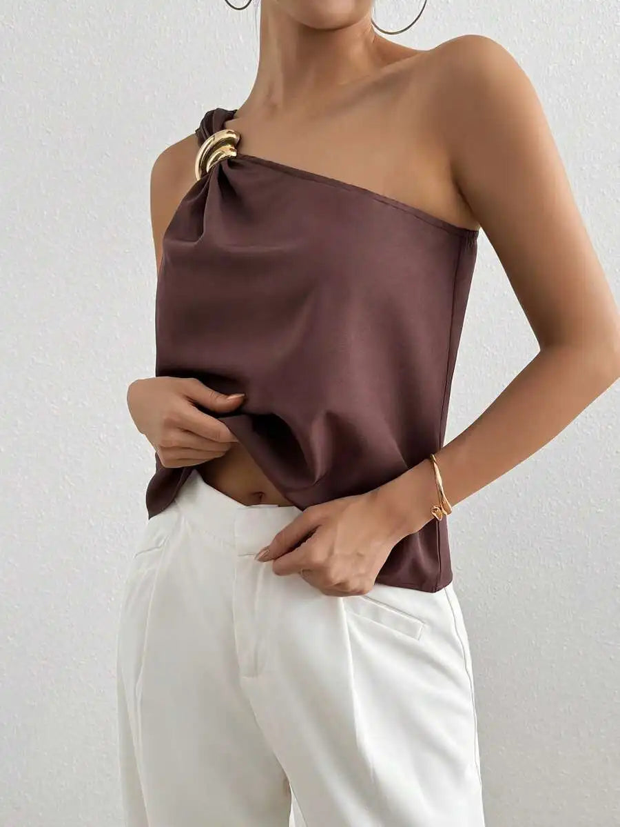 Women's One Shoulder Blouse Gold Accent Buckle,