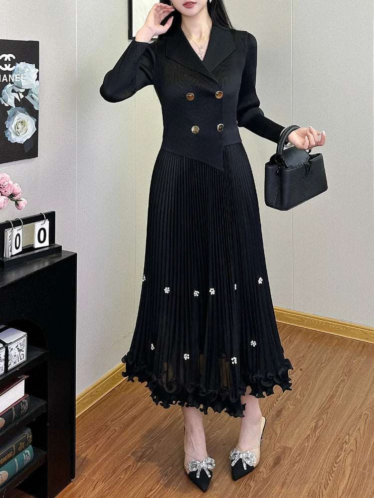 Pleated Long Dress Double Breasted