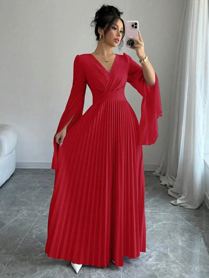 V-Neck Pleated Maxi Dress