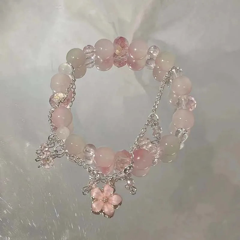 Crystal Flowers Butterfly Pendant Beaded Bracelet