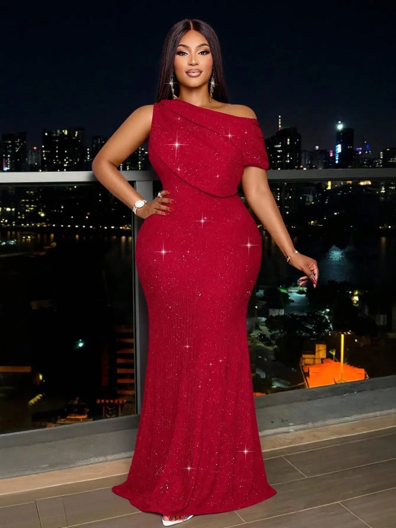 Elegant Off-Shoulder Plus Size Fishtail Evening Dress in Shiny Apricot for Wedding Party