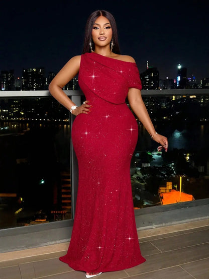 Elegant Off-Shoulder Plus Size Fishtail Evening Dress in Shiny Apricot for Wedding Party