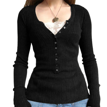 Button Front Knit Tops Long Sleeve