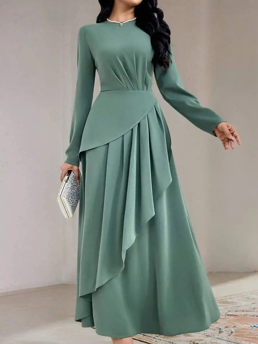Sage Green Round Neck Long Sleeve Dress